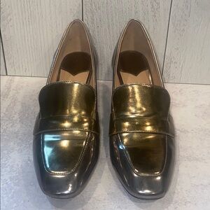 Cole Haan Shiny Gold Silver Metallic Loafers with kitten block heel